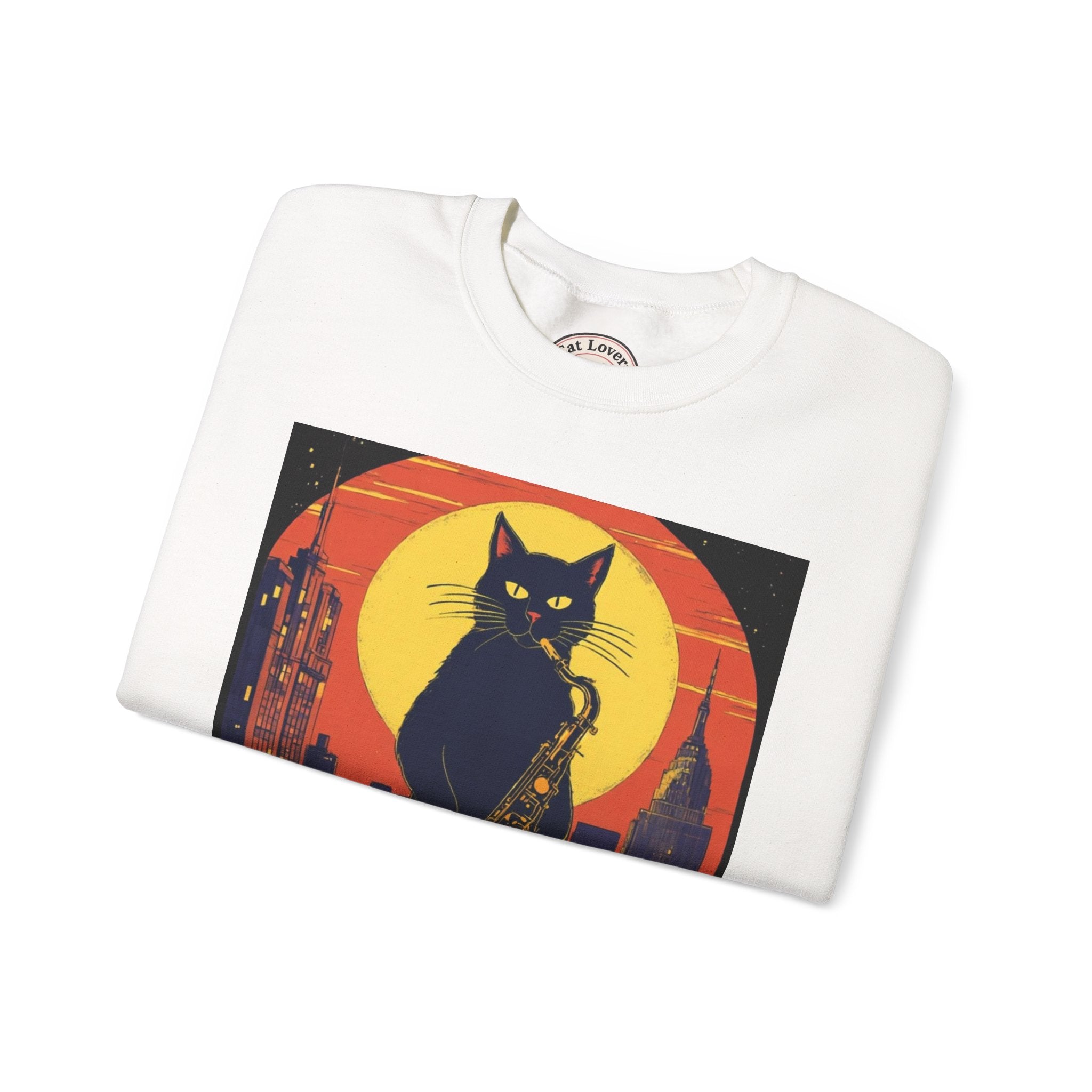 Cat Saxophone Crewneck Sweatshirt — Noir Jazz Cat Graphic Pullover