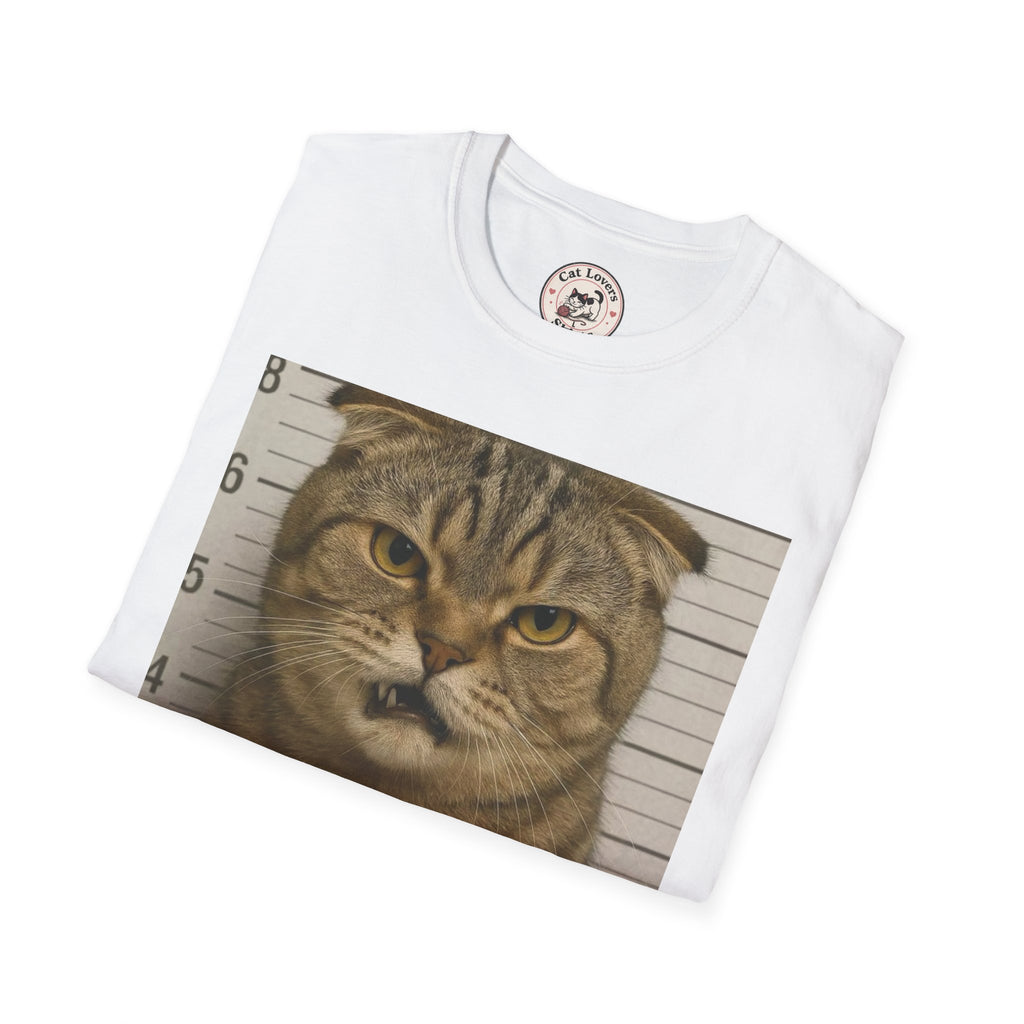 Cat Mugshot T-Shirt — Funny Pet Crime Graphic Tee (Police Department 890263)