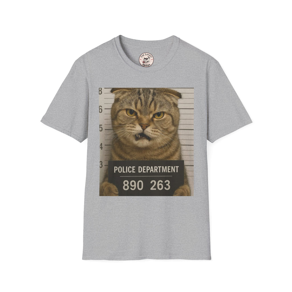 Cat Mugshot T-Shirt — Funny Pet Crime Graphic Tee (Police Department 890263)