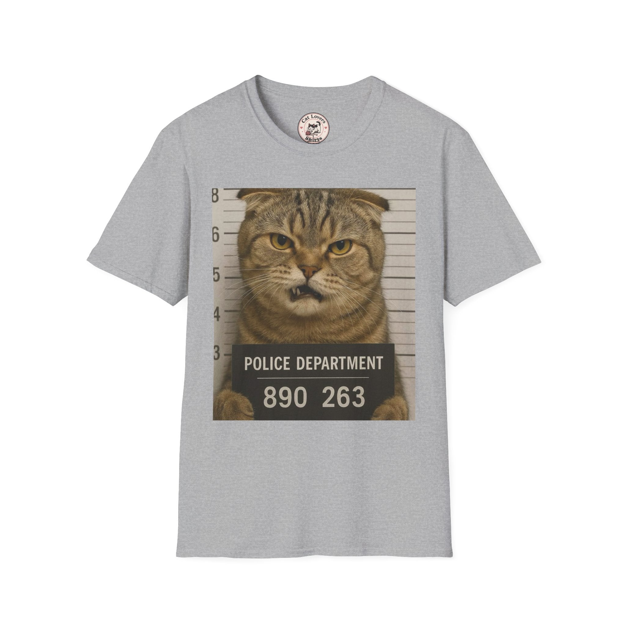 Cat Mugshot T-Shirt — Funny Pet Crime Graphic Tee (Police Department 890263)