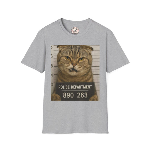Cat Mugshot T-Shirt — Funny Pet Crime Graphic Tee (Police Department 890263)