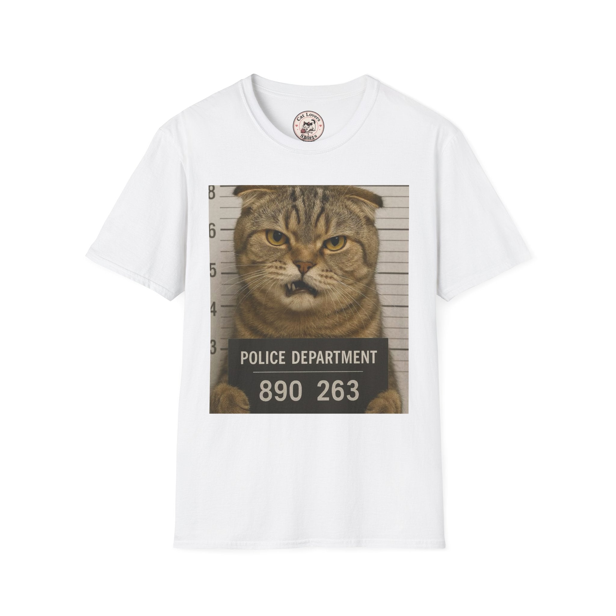 Cat Mugshot T-Shirt — Funny Pet Crime Graphic Tee (Police Department 890263)
