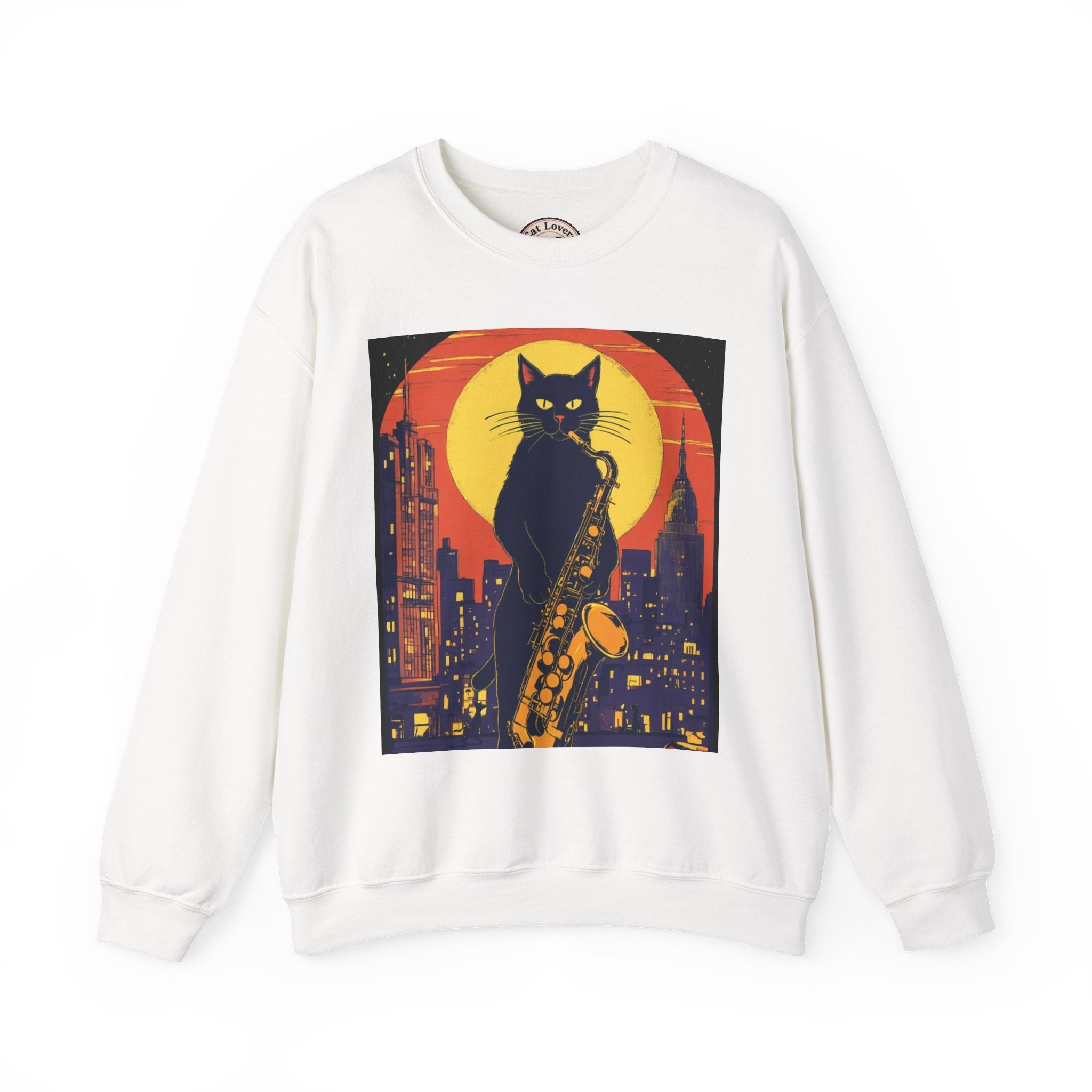 Cat Saxophone Crewneck Sweatshirt — Noir Jazz Cat Graphic Pullover