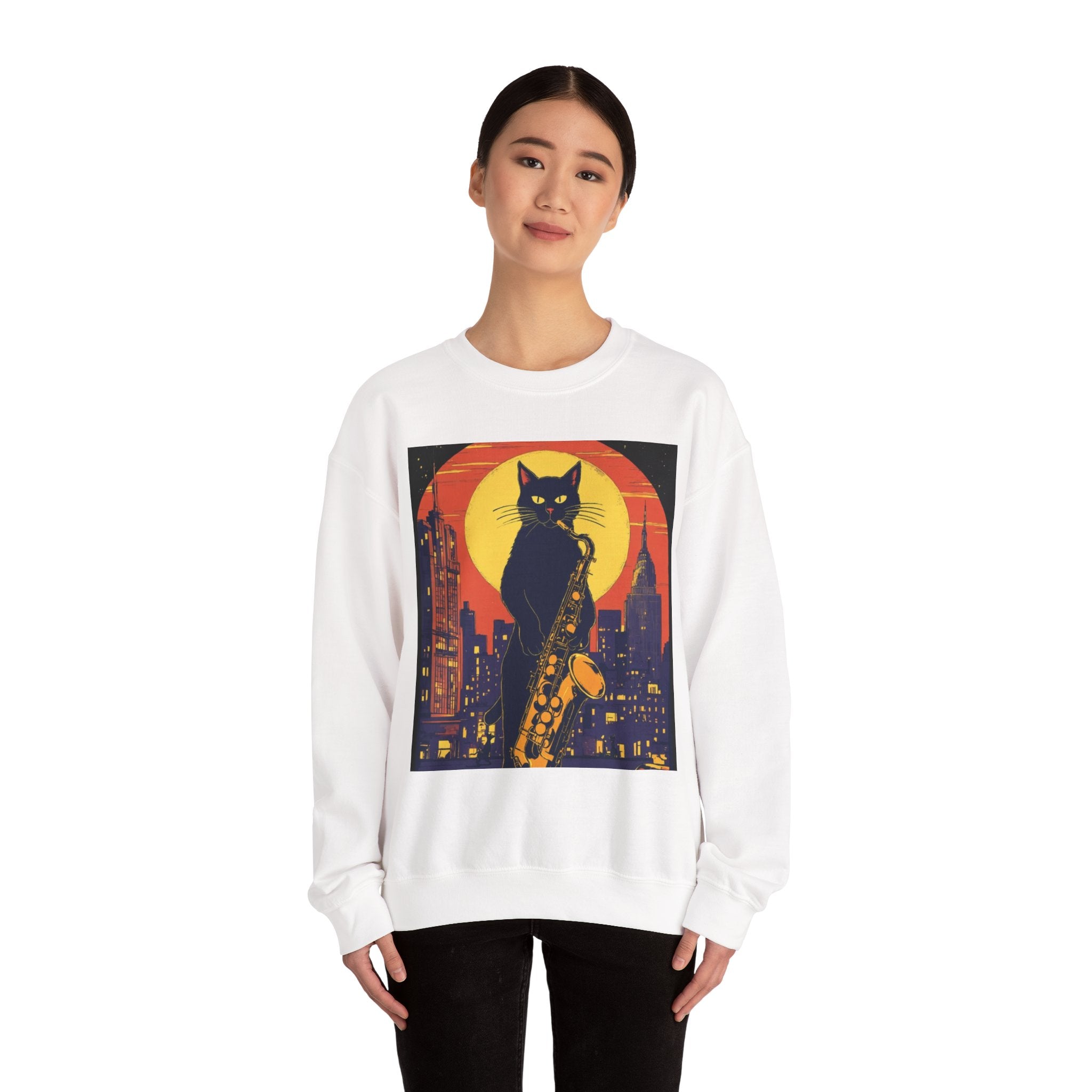Cat Saxophone Crewneck Sweatshirt — Noir Jazz Cat Graphic Pullover